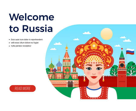 Welcome to Russia flat composition travel agency advertising design with girl in sarafan and kokoshnik vector illustrationのイラスト素材