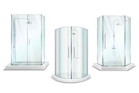 Shower cabin realistic 3d collection with isolated images of glossy shower units with doors on blank background vector illustrationのイラスト素材