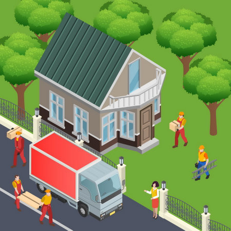 Construction isometric composition with outdoor view of living house and delivery truck with home decoration materials vector illustrationのイラスト素材