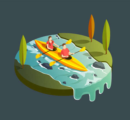 Camping hiking isometric icons composition with round view of mountain stream river and paddleboat with people vector illustrationのイラスト素材