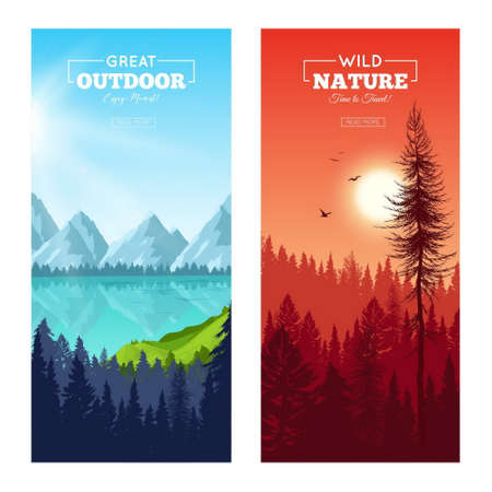 Set of vertical banners with realistic pine forest near mountain lake and at sunset isolated vector illustrationのイラスト素材