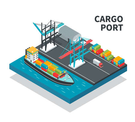 Cargo port with loading facilities, color containers, vessel with freight, truck isometric composition vector illustrationのイラスト素材