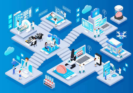 Telemedicine glow isometric infographic elements composition with smart portable devices remote monitoring consulting tests prescriptions vector illustrationのイラスト素材
