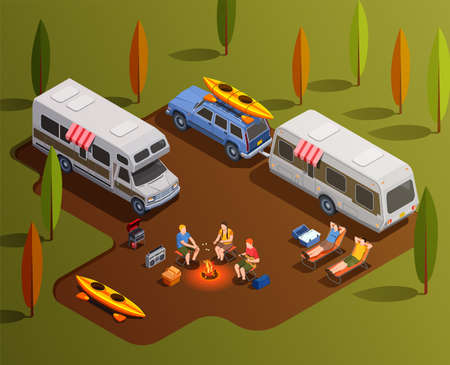 Camping hiking isometric icons composition with motor home trailers paddle boats and human characters with campfire vector illustrationのイラスト素材