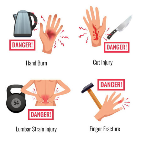 Human body parts injury warning 4 flat compositions set hand burn finger fracture lumber strain vector illustrationのイラスト素材