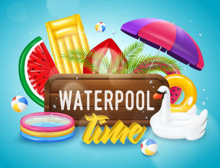 Realistic inflatable pool with swimming equipment horizontal poster on blue background with water drops vector illustrationのイラスト素材
