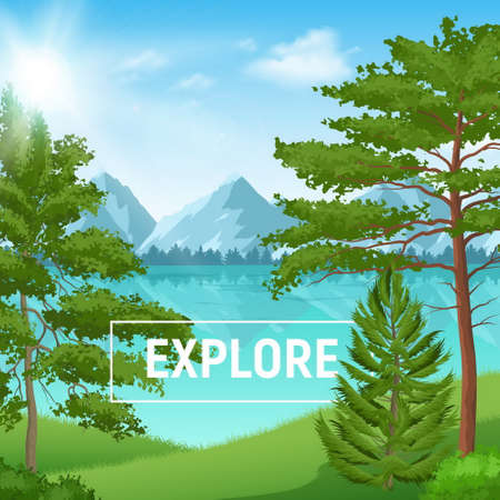 Sunny summer landscape with realistic pine forest on mountain lake background vector illustrationのイラスト素材
