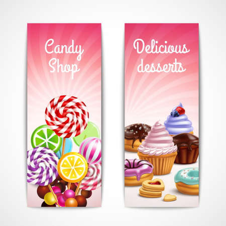 Sweets and desserts banners collection with two vertical banners editable text and images of confectionery products vector illustrationのイラスト素材