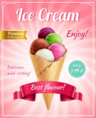 Ice cream poster advertising composition with frame editable text captions and realistic image of icecream cornet vector illustrationのイラスト素材