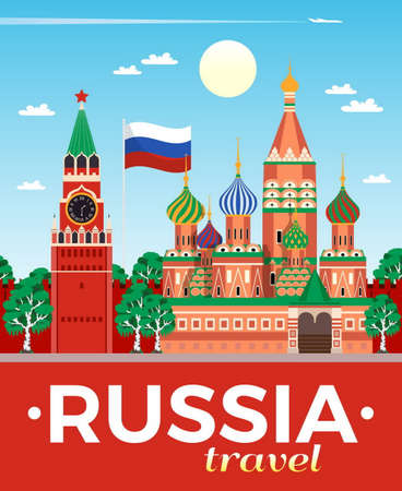 Russia travel agency advertising flat composition poster with national flag kremlin saint basils cathedral moscow vector illustrationのイラスト素材