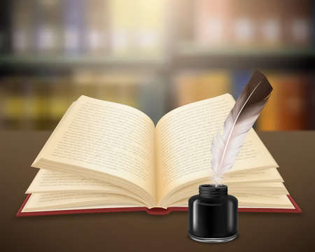 Hand written literary work on pages of open book with feather and inkwell realistic vector illustrationのイラスト素材