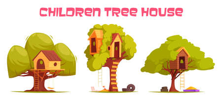 Tree houses between green foliage set with hanging ladder, swing and sand for play isolated vector illustrationのイラスト素材