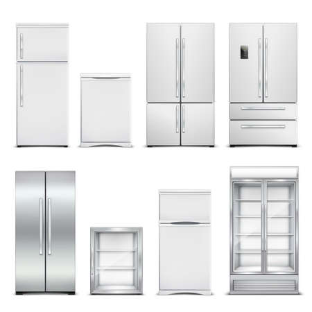 Refrigerator fridge realistic set of isolated cabinets with different models and door shapes on blank background vector illustrationのイラスト素材