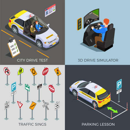 Driving school isometric 2x2 design concept with compositions of traffic signs drive simulators cars and text vector illustrationのイラスト素材