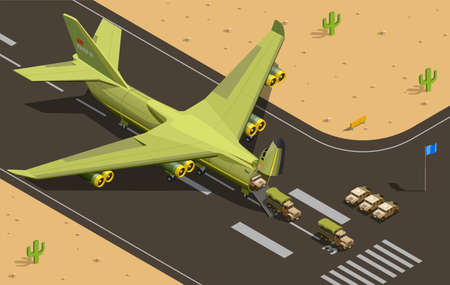 Airplanes helicopters isometric composition with military non-combat aircraft during airmobile insert of war transport vehicles vector illustrationのイラスト素材