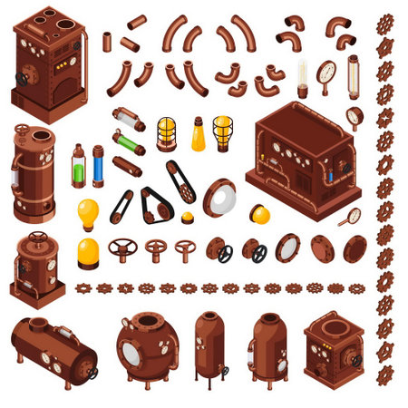 Steampunk art constructor isometric collection of design elements inspired by 19th century steam powered machinery vector illustrationのイラスト素材
