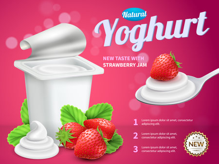 Yoghurt package advertising composition with strawberry yoghurt symbols realistic vector illustrationのイラスト素材