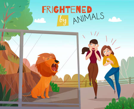People frightened by wild animals in the public zoo flat vector illustrationのイラスト素材