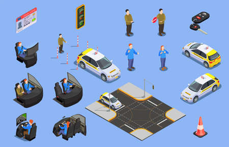 Driving school isometric icons collection of car simulators driver license and human characters with safety cone vector illustrationのイラスト素材