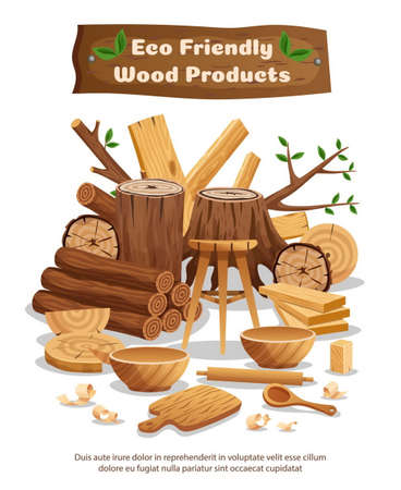 Wood industry eco material and products advertising composition poster with tree trunks planks bowls spoons vector illustrationのイラスト素材