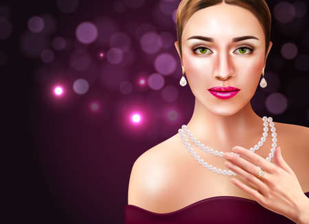Woman wearing pearls accessories with beauty and fashion symbols  realistic vector illustrationのイラスト素材