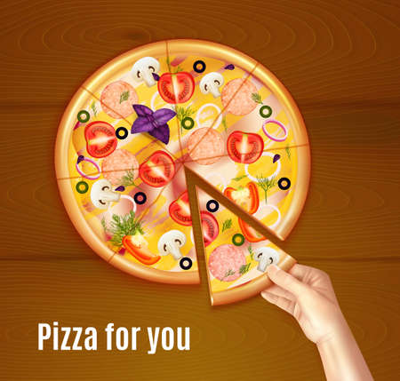 Baked pizza realistic composition on wooden background with hand holding piece of dish vector illustrationのイラスト素材