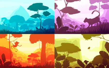 Jungle set of cartoon landscapes with rain forest with lush flora, silhouettes of animals, isolated vector illustrationのイラスト素材