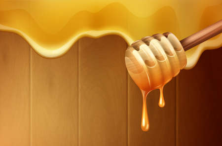 Dripping melting honey drops background with honey dipper realistic vector illustrationのイラスト素材