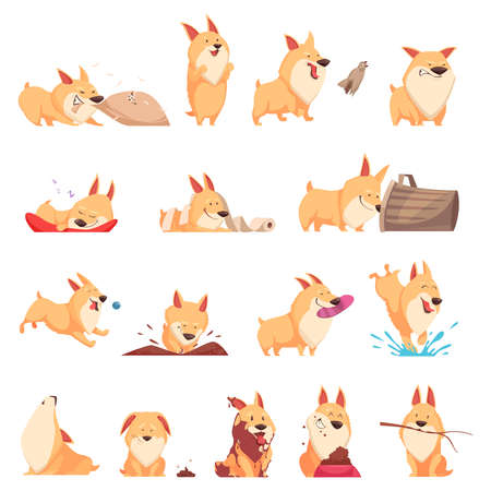 Cartoon cute puppy set of different situations including sleep, eating, howl, walking and pranks isolated vector illustrationのイラスト素材