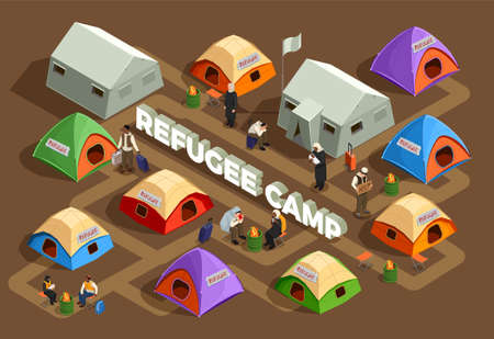 Stateless refugees asylum icons isometric composition with view of reception camp with tents and human characters vector illustrationのイラスト素材