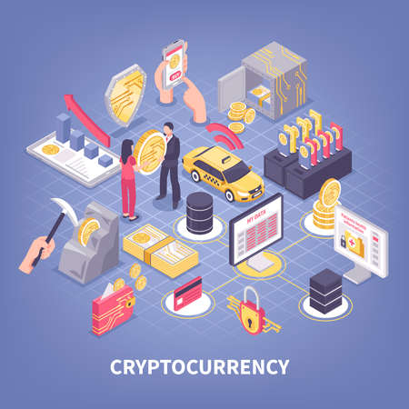 Crypto currency, mining farm, block chain, growth of profit isometric composition on violet background vector illustrationのイラスト素材