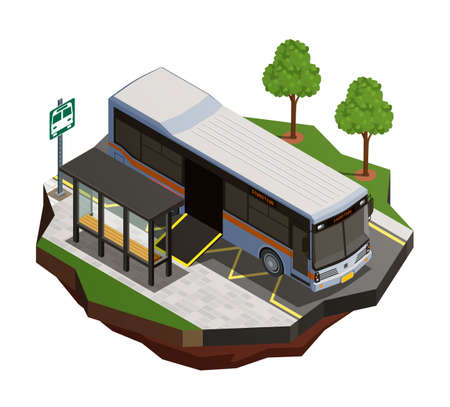 Public city transport isometric composition with view of bus stop and municipal bus with wheelchair ramp vector illustrationのイラスト素材