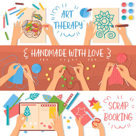 Colorful handmade banners set with creative hobbies for kids flat isolated vector illustrationのイラスト素材