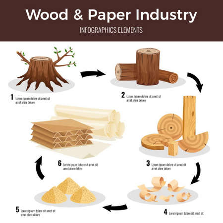 Wood paper manufacturing flat infographic schema from cut logs lumber chips pulp converted to paperboard vector illustrationのイラスト素材