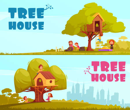 Tree house with children on blue sky background set of horizontal cartoon banners isolated vector illustrationのイラスト素材