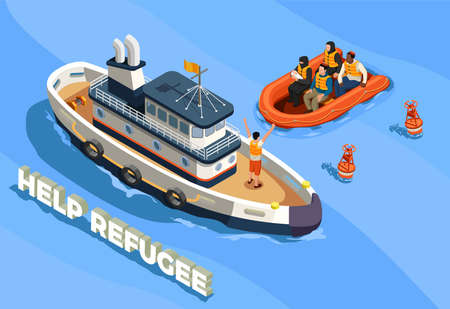 Stateless refugees asylum icons isometric composition with text sea landscape and ship with refugee immigrant people vector illustrationのイラスト素材