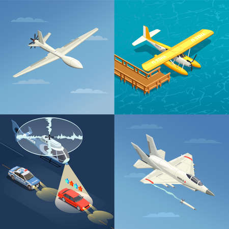 Airplanes helicopters isometric 2x2 design concept with images of different purpose aircrafts for military and civil use vector illustrationのイラスト素材