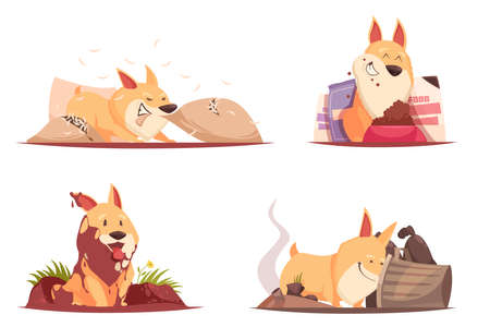 Puppy during pranks with pillow, ground and trash, near bowl with feed, design concept isolated vector illustrationのイラスト素材