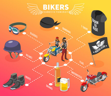 Bikers isometric flowchart with images of biker characters and accessories with text captions on gradient background vector illustrationのイラスト素材