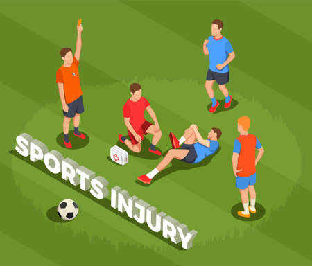 Football soccer isometric people composition with text and images of suffering player after foul with doctor vector illustrationのイラスト素材