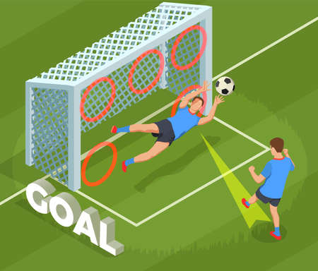 Football soccer isometric people composition with human character of player dropping goal into cage with text vector illustrationのイラスト素材