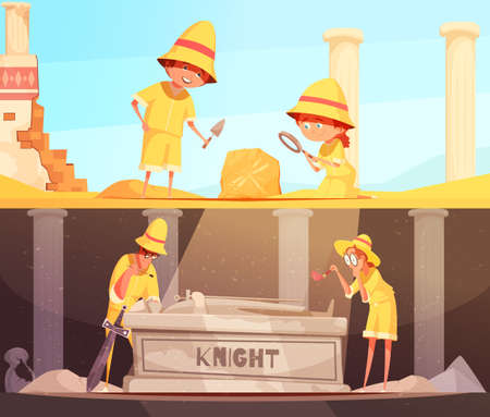 Archeology set of horizontal banners research of fossil and study of tomb of knight isolated vector illustrationのイラスト素材