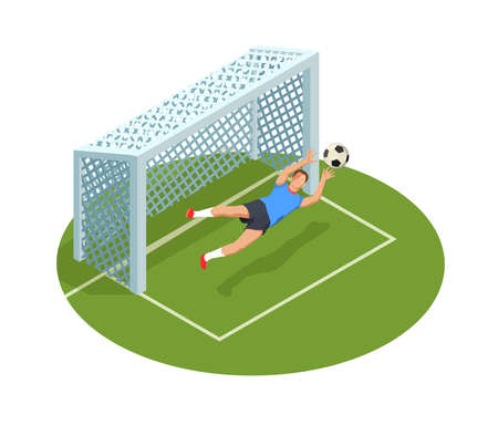Football soccer isometric people composition with images of goal cage court and human character of goalkeeper vector illustrationのイラスト素材
