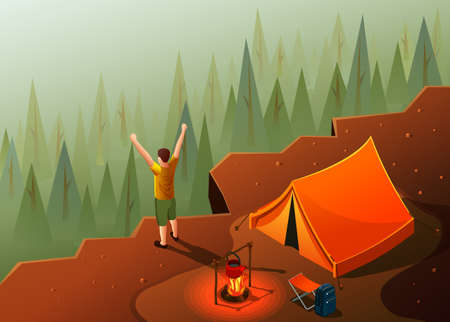 Camping hiking isometric icons composition with mountain top landscape and tent with campfire and happy man vector illustrationのイラスト素材