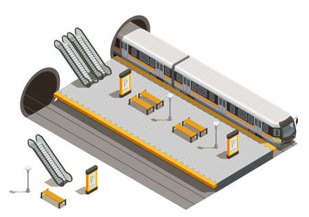 Public city transport isometric composition with underground metro station escalators and benches with underground rolling stock vector illustrationのイラスト素材