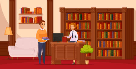 Library flat orthogonal composition with librarian assisting reader at service desk in front of bookshelves vector illustrationのイラスト素材