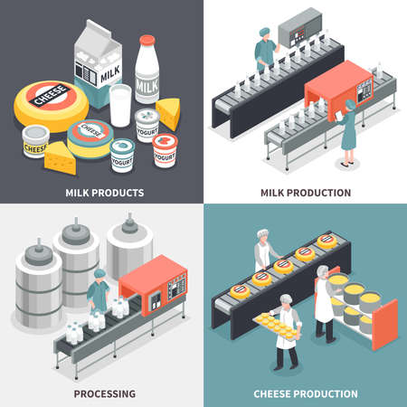 Process of milk and cheese production and factory workers 2x2 design concept isolated on colorful background 3d isometric vector illustrationのイラスト素材