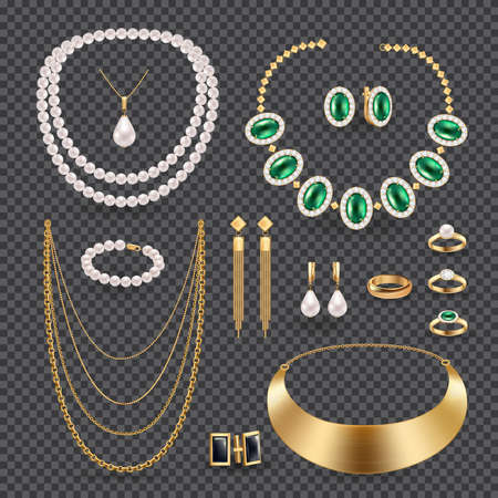 Jewelry accessories realistic transparent set with rings necklace and earrings isolated vector illustrationのイラスト素材