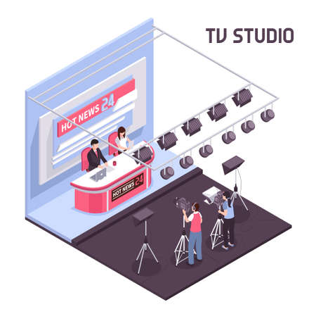 Hot news live broadcasting from tv studio concept on white background 3d isometric vector illustrationのイラスト素材