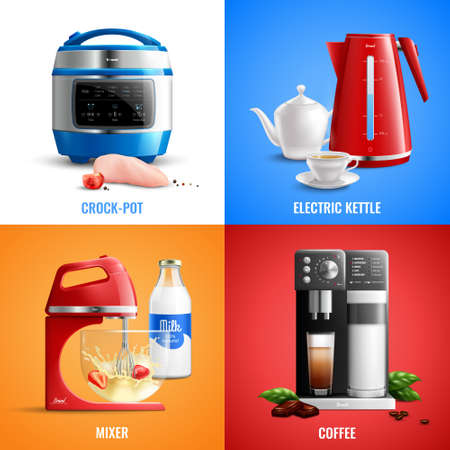 Household kitchen appliances 2x2 design concept set of coffee machine mixer electric kettle crock pot realistic vector illustrationのイラスト素材